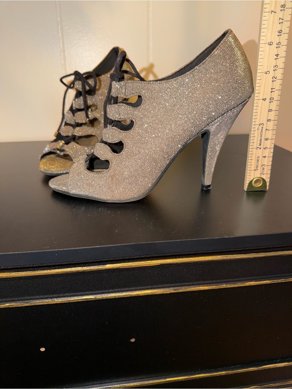 FIONI Clothing Silver Glitter Lace-Up Peep-Toe Stiletto Heels